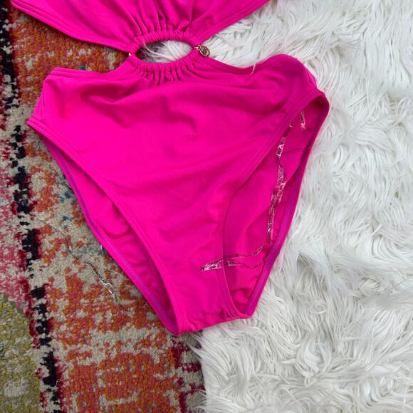 Michael Kors Pink Padded Cut Out Charm Strapless One Piece Swimsuit 8 Summer - Picture 4 of 7